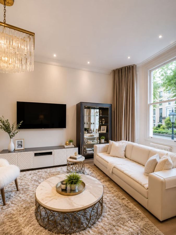 Living room with cream sofa, chandelier and tall sash window