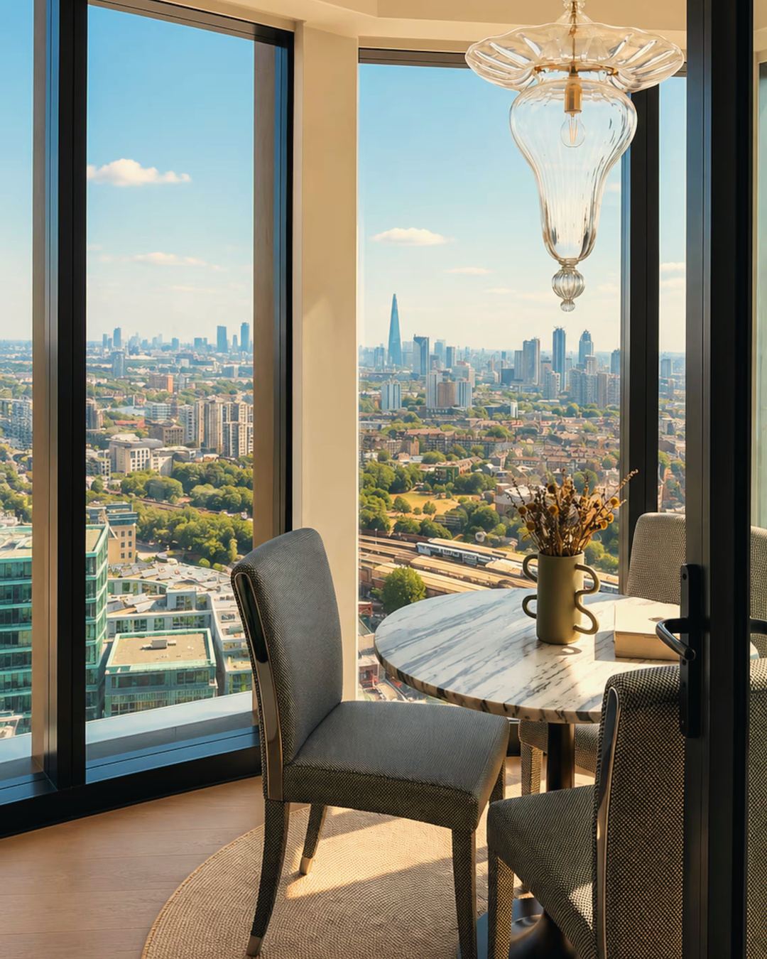 Dining table by the window, city beyond